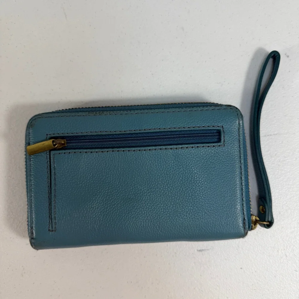 Fossil Logan Zip Around Clutch Wallet Wristlet Pebbled Leather‎ Teal Blue Travel